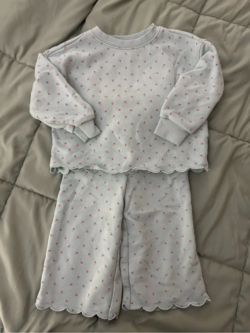 Amazon Essentials Light Gray Pajama Set with Pink Floral Print
